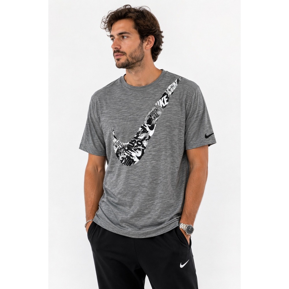 Nike Dri-FIT Graphic Tee Mens XL Grey Heathered Swoosh Collage Training Shirt